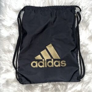 Adidas Drawstring Backpack‎ Gym Bag Black Yellow 3 Stripe Logo Sporty Athletic